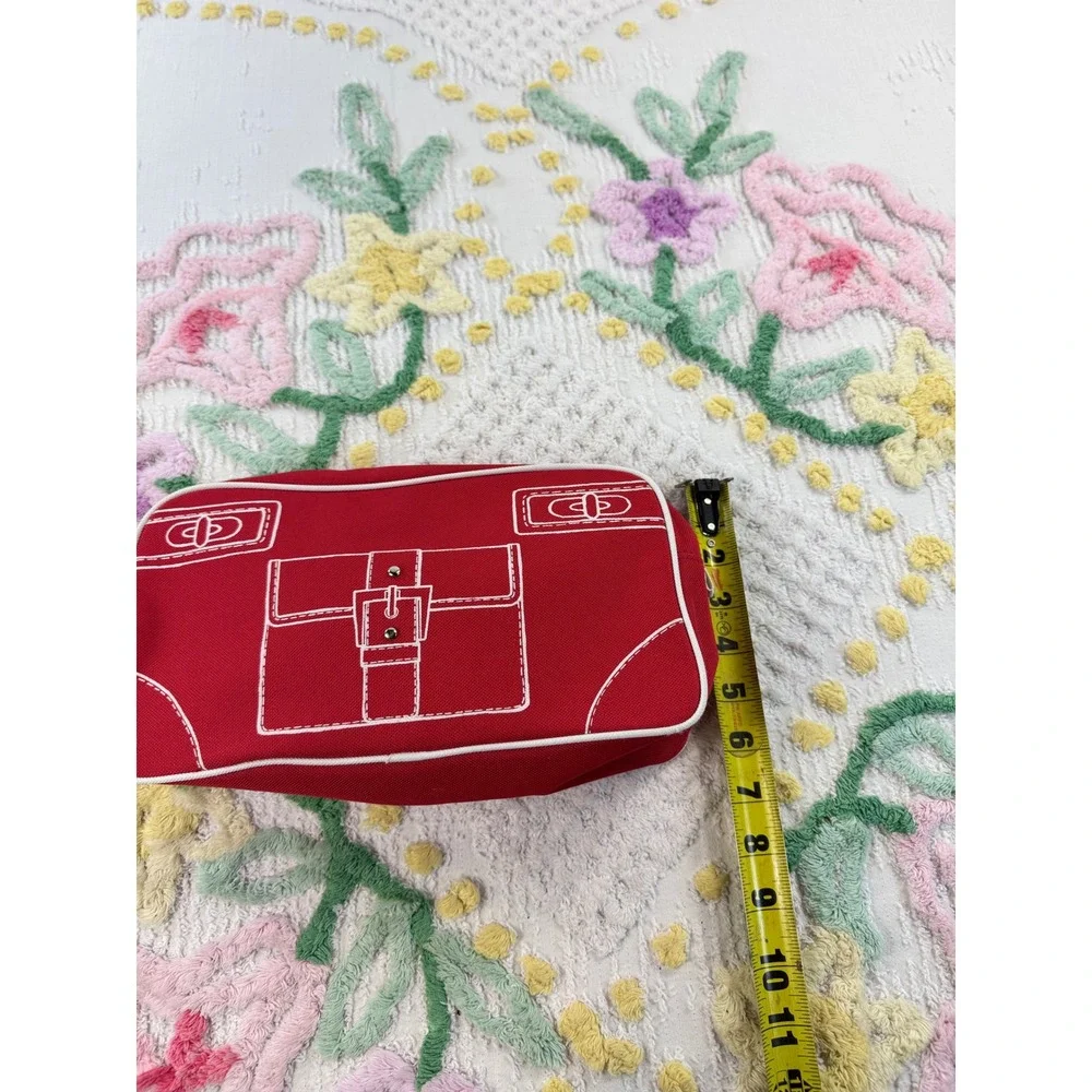 Clinique Red Canvas Cosmetic Bag White Satchel Print Makeup Pouch Travel Case